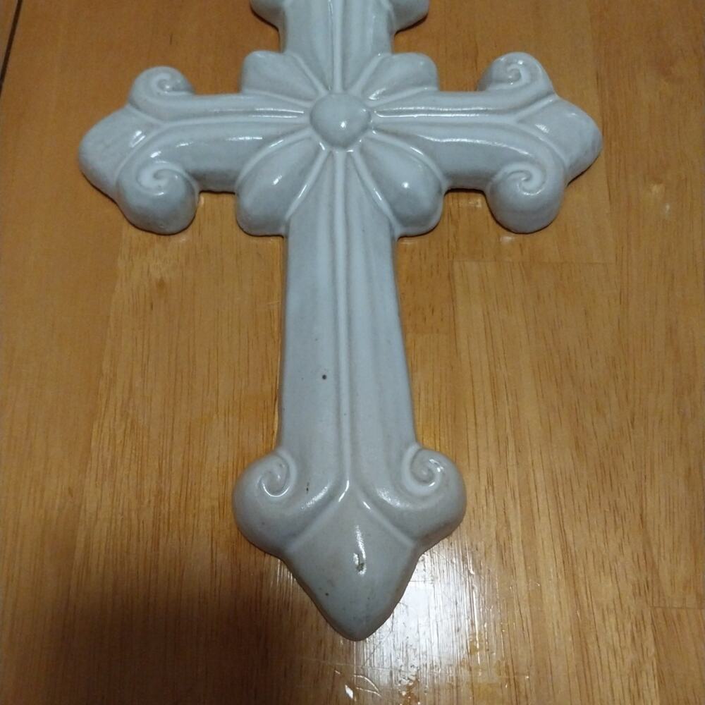 White Ceramic Cross Wall Hanging 11" Gift Decor - Picture 3 of 4